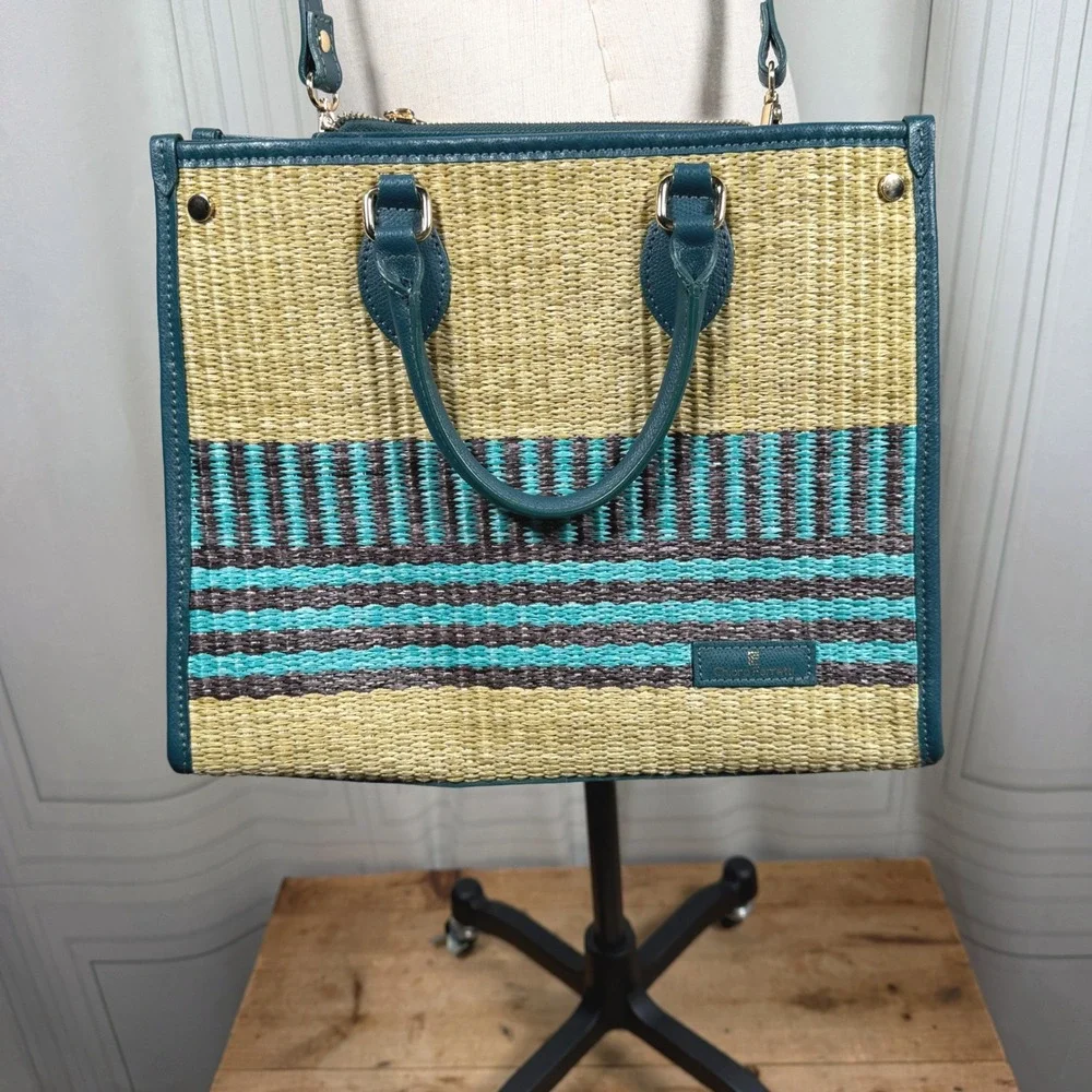 Chiara Ferretti Italian Leather Woven Raffia Striped Satchel Crossbody Tote Bag